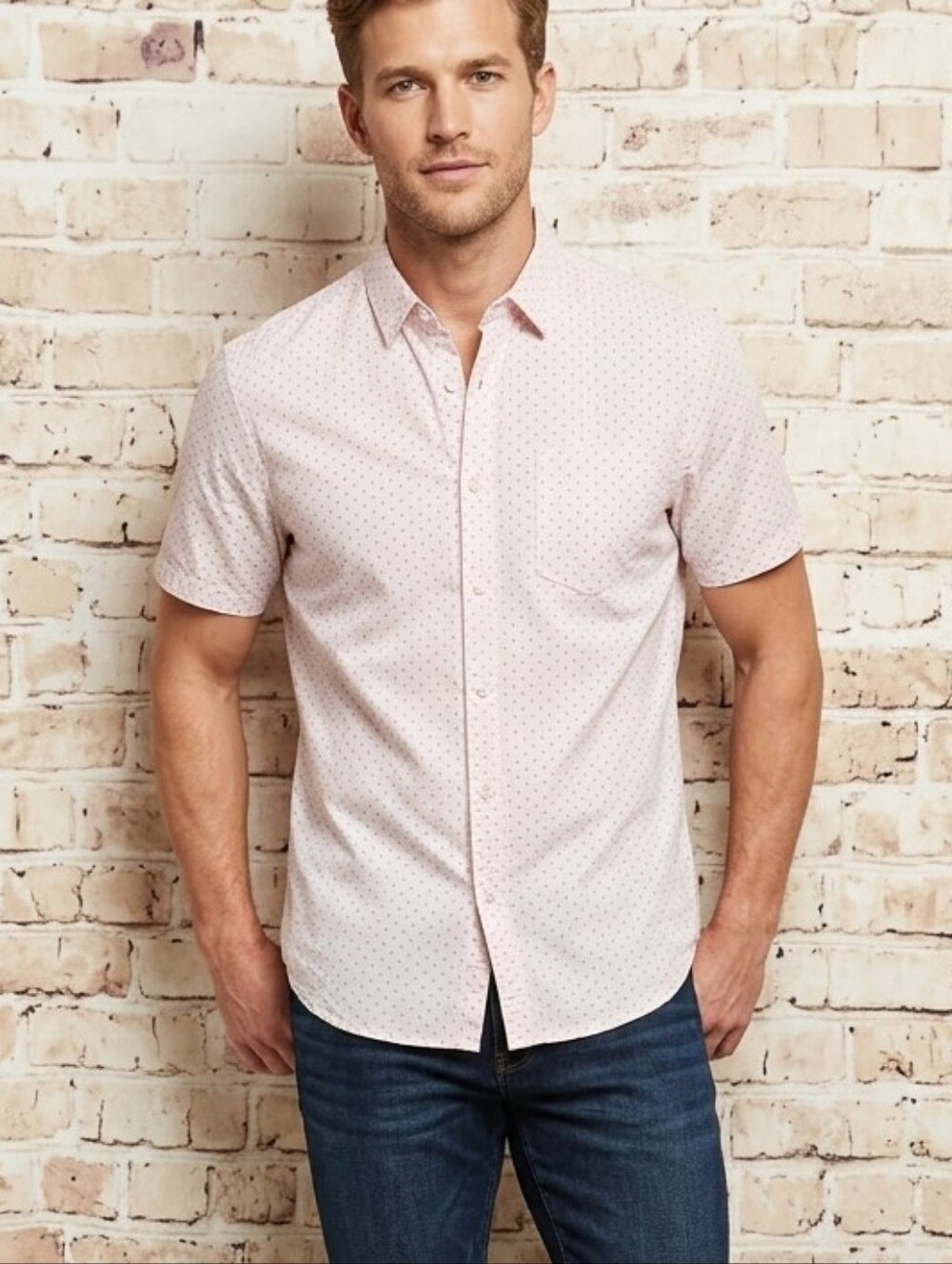 Denim & Flower Shirt Short Sleeve Slim Fit Light Pink with Blue Dots Large